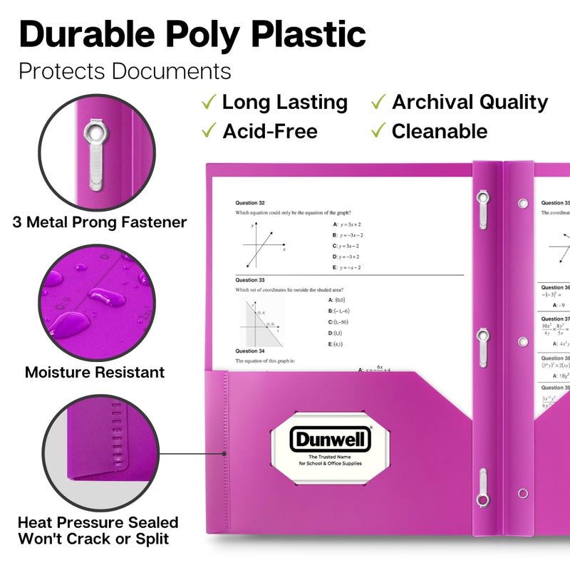Dunwell Plastic 2 Pocket Folders with 3 Prongs, (12 Pack, Assorted Colors), Tear-Resistant, Long Lasting Acid-Free Poly 3-Clasp Folders with Fasteners, Labels Included - Image 2